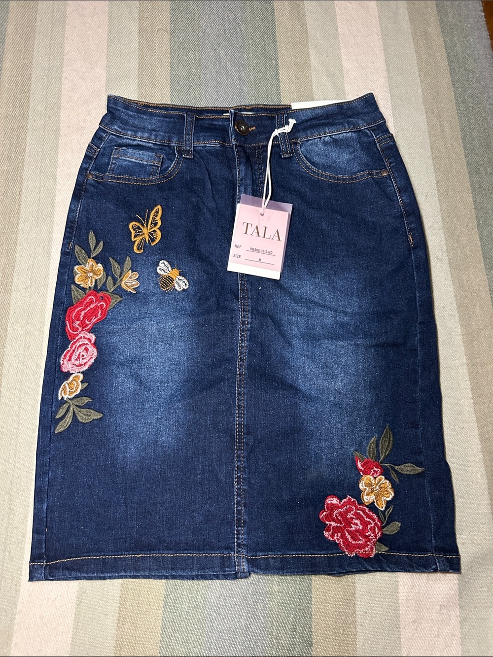 TALA Dark Blue Embroidered Denim Pencil Skirt- new size Med